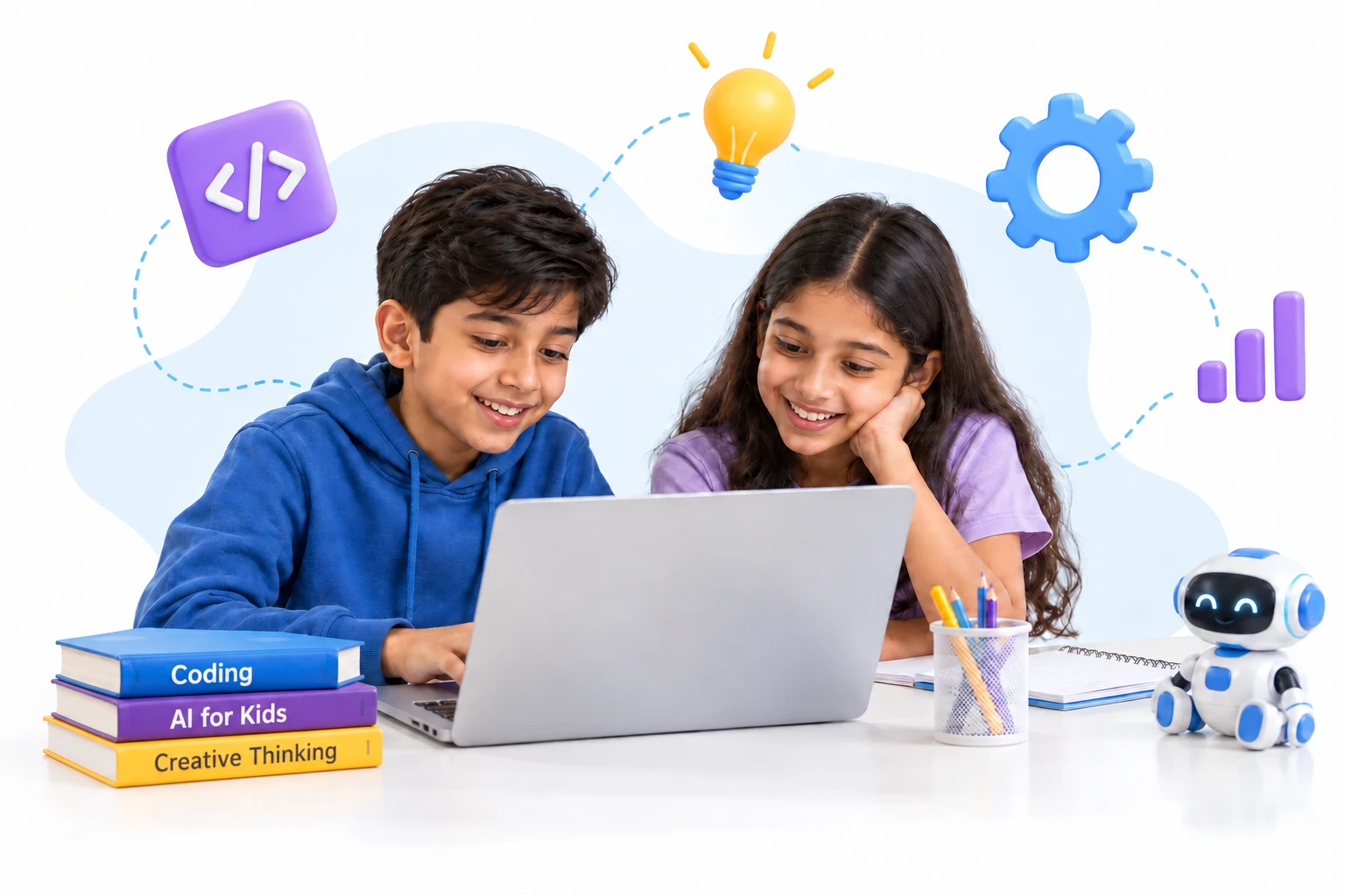 Indian boy and girl learning together on a laptop, with coding books and educational icons